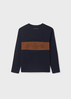 Mayoral boys Navy embossed graphic long sleeve T-shirt with contrast front panel.