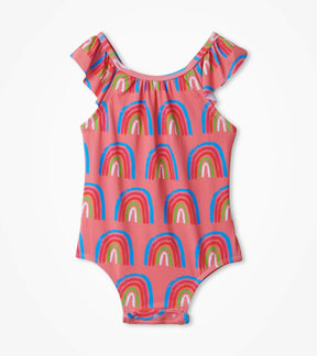 Hatley baby girl Lucky Rainbows ruffle swimsuit in pink with rainbow print and snap inseam