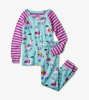 Hatley girls Mountaineer Alpacas organic cotton raglan pajama set in Aqua/Purple with matching pants.