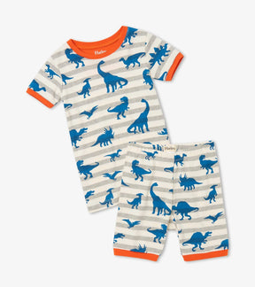Hatley boys Prehistoric Dinos organic cotton short pajama set in Off-White/Blue with orange trim.