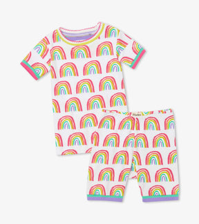 Hatley girls Pretty Rainbows organic cotton short pajama set in Off-White/Multi with matching shorts.
