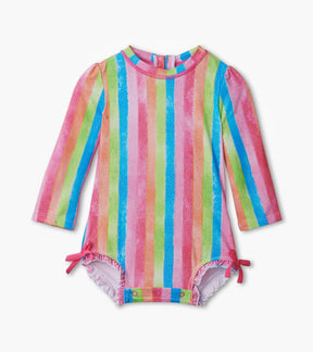 Hatley baby girl Rainbow Stripes long sleeve rashguard swimsuit with side bow details