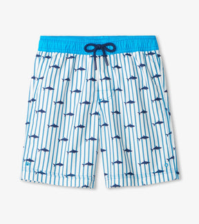 Hatley boys Silhouette Sharks board shorts in Blue/White stripe print