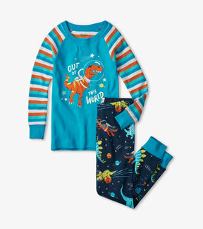 Hatley boys Space Dinos glow-in-the-dark appliqué raglan pajama set in Aqua/Navy with matching pants.