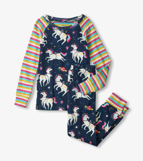 Hatley girls Space Unicorns organic cotton raglan pajama set in Navy/Rainbow with matching pants.