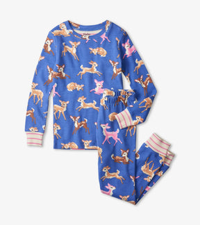 Hatley girls Sweet Fawns organic cotton pajama set in Blue/Pink with matching printed pants.