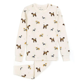Petit Lem girls Tartan Hounds pajama set in Beige with dog print and matching pants.