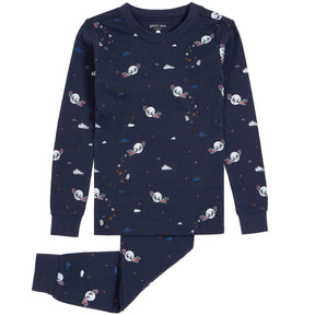 Petit Lem boys The Night Before glow-in-the-dark pajama set in Navy with long sleeves and matching pants.