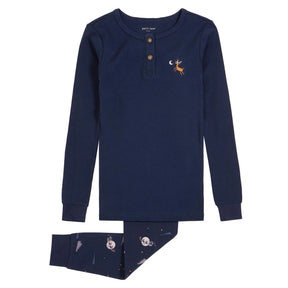 Petit Lem boys The Night Before glow-in-the-dark pajama set in Navy with Henley top and printed pants.