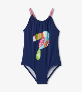 Hatley girls Tropical Birds one-piece swimsuit in navy with colorful bird graphic