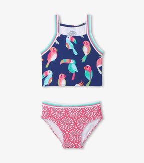 Hatley girls Tropical Birds tankini set in Navy/Pink with crop swim top and bikini bottom