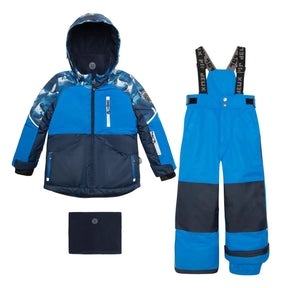 Deux par Deux boys two-piece snowsuit in Royal Blue with printed penguin jacket, snow pants, and neckwarmer.
