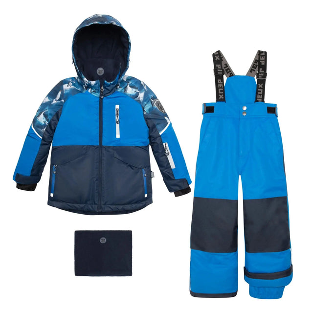 Deux par Deux boys two-piece snowsuit in Royal Blue with printed penguin jacket, snow pants, and neckwarmer.