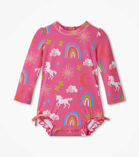 Hatley baby girl Unicorns & Rainbows rashguard swimsuit in pink with long sleeves and ruffle legs