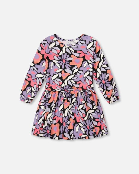 Jersey Dress Black Retro Flower Print | Deux par Deux | Jenni Kidz