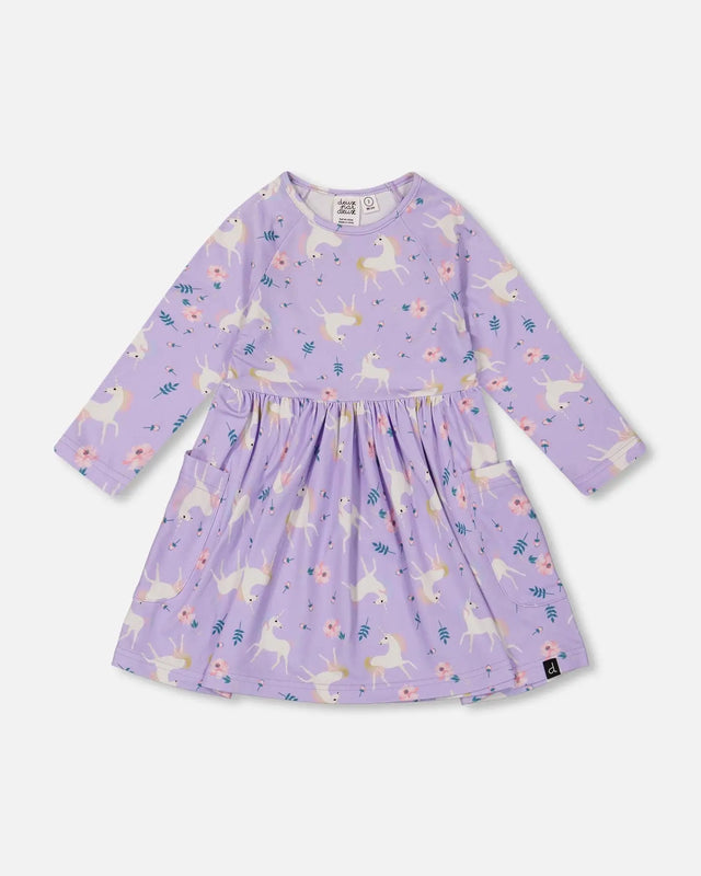 Jersey Dress With Pockets Lilac Unicorn Print | Deux par Deux | Jenni Kidz