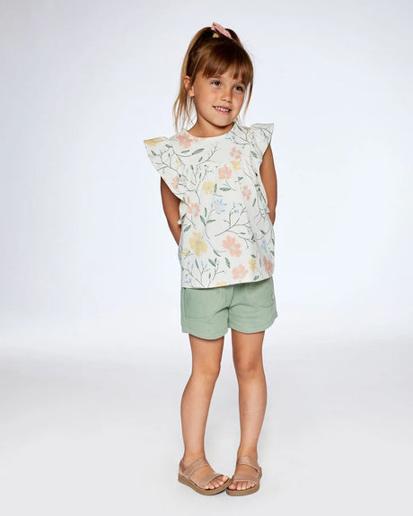 Jersey Top With Frill Sleeves Off While With Printed Romantic Flower | Deux par Deux | Jenni Kidz