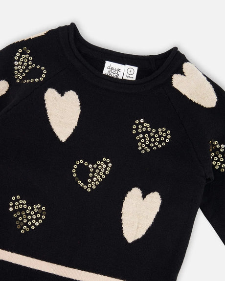 Knit Dress Black With Glittery Heart Motifs | Deux par Deux | Jenni Kidz