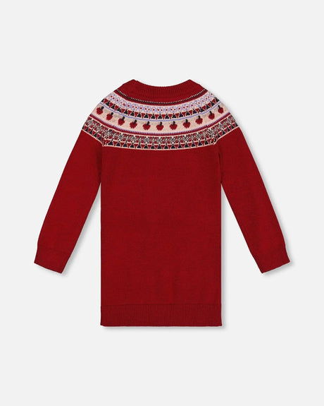 Knit Dress Red With Apple Jacquard Yoke | Deux par Deux | Jenni Kidz