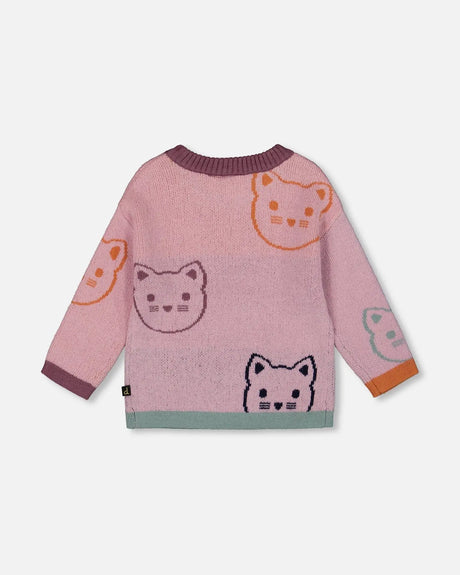 Knit Jacquard Sweater Dusty Pink With Cats | Deux par Deux | Jenni Kidz