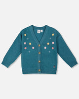 Knitted Cardigan Dark Green With Flower Embroidery | Deux par Deux | Jenni Kidz