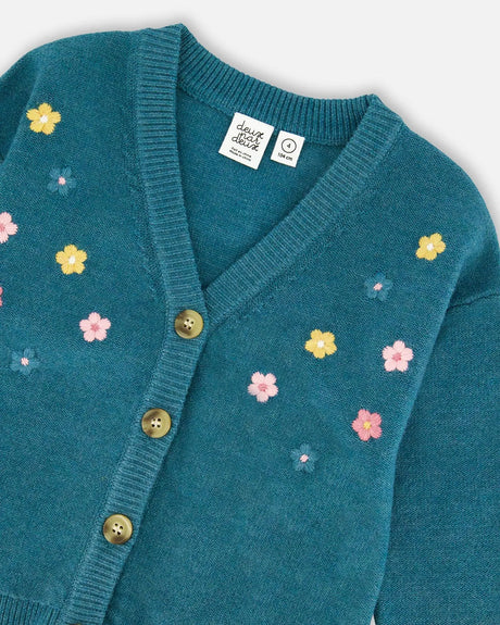 Knitted Cardigan Dark Green With Flower Embroidery | Deux par Deux | Jenni Kidz