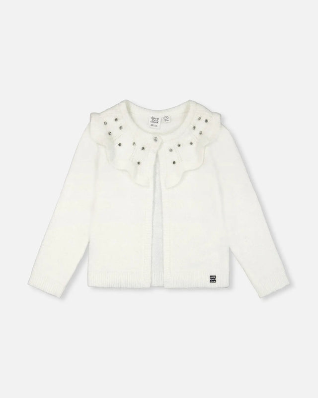 Knitted Cardigan With Beaded Collar Off White | Deux par Deux | Jenni Kidz