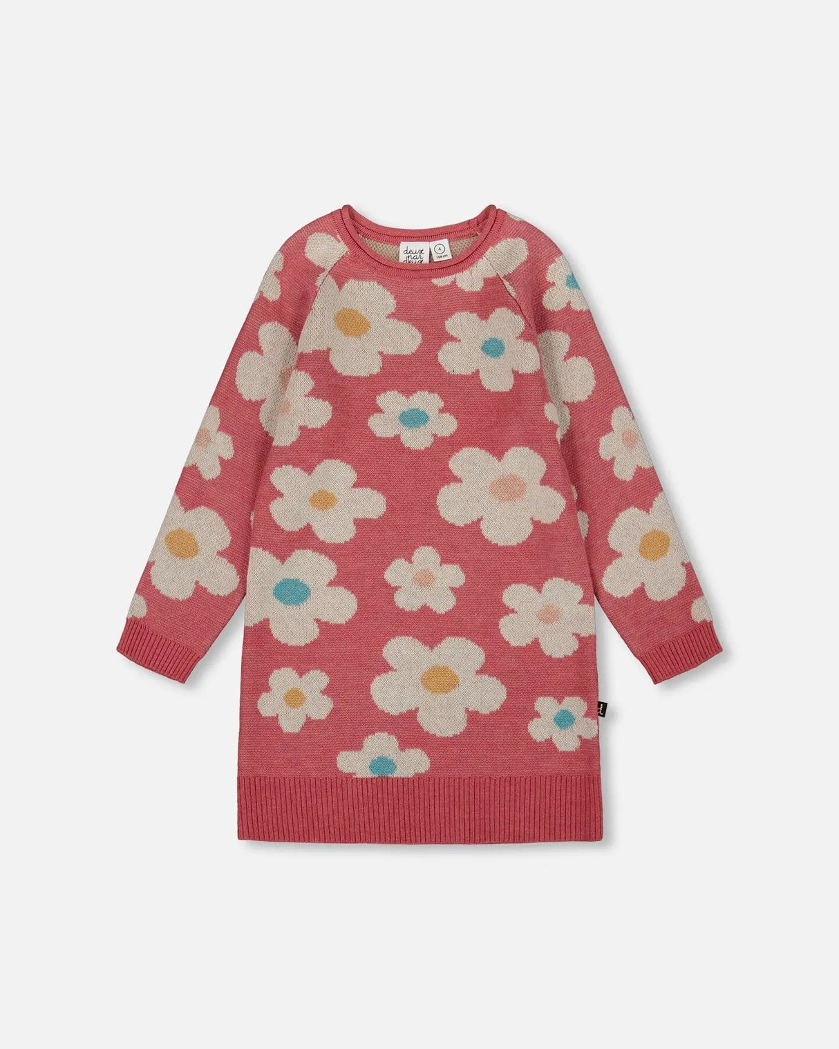 Knitted Dress With Flower Jacquard Old Pink And Beige | Deux par Deux | Jenni Kidz