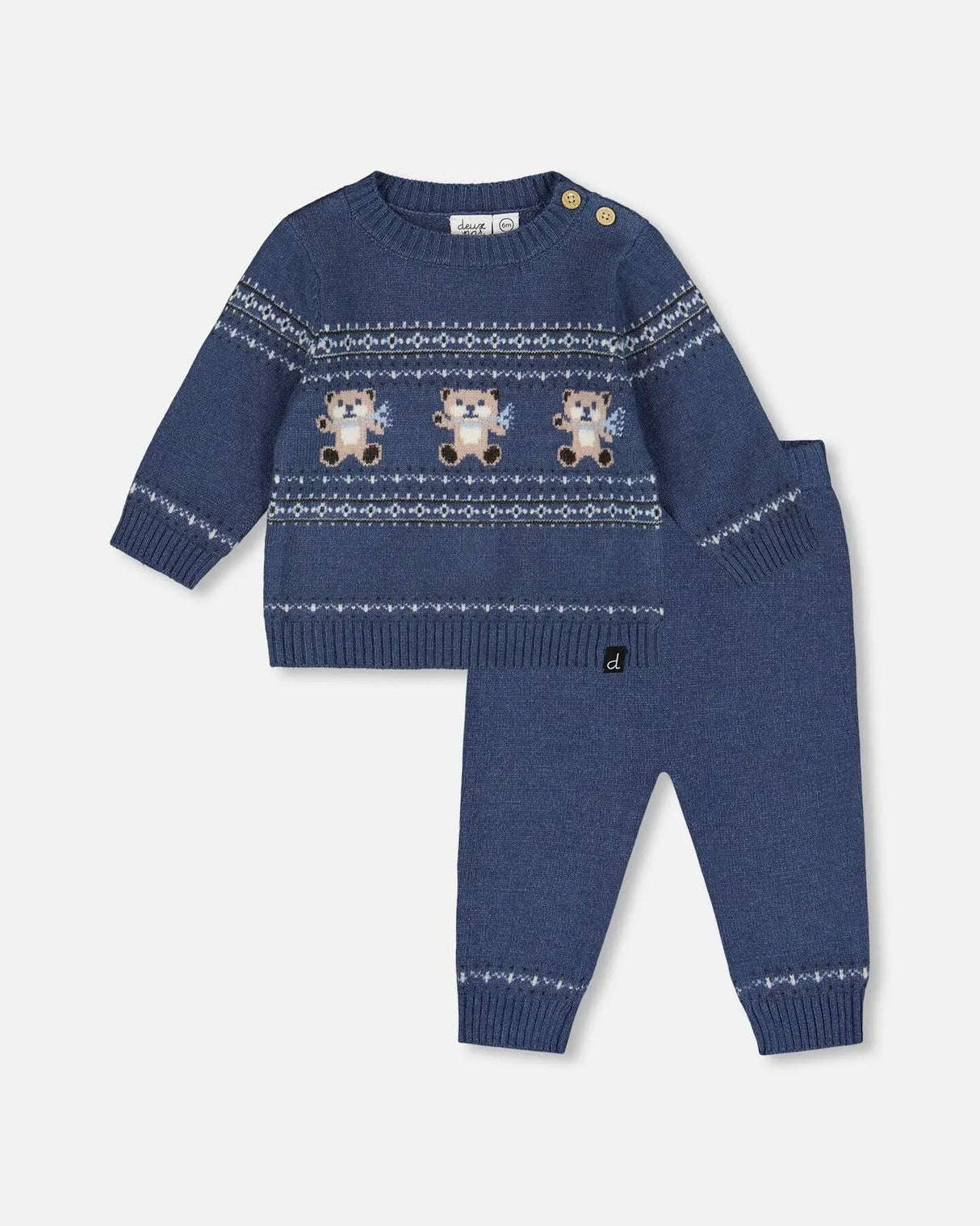 Knitted Jacquard Sweater And Pant Set Blue Gray With Bears | Deux par Deux | Jenni Kidz