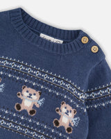 Knitted Jacquard Sweater And Pant Set Blue Gray With Bears | Deux par Deux | Jenni Kidz