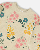 Knitted Sweater Heather Beige Gray With Floral Print | Deux par Deux | Jenni Kidz