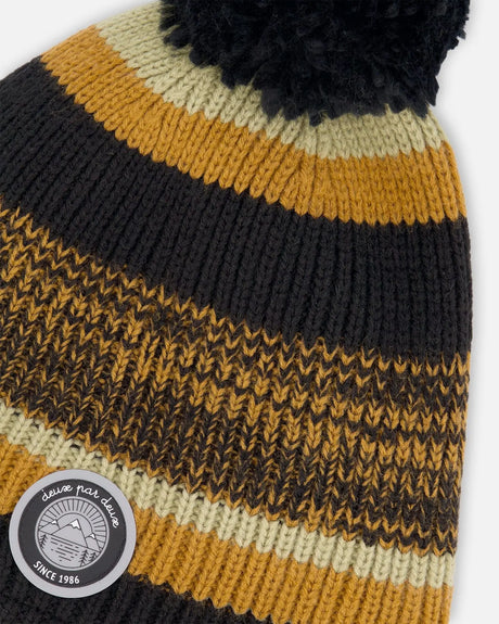 Lined Knit Pompom Hat Black And Ocher | Deux par Deux | Jenni Kidz