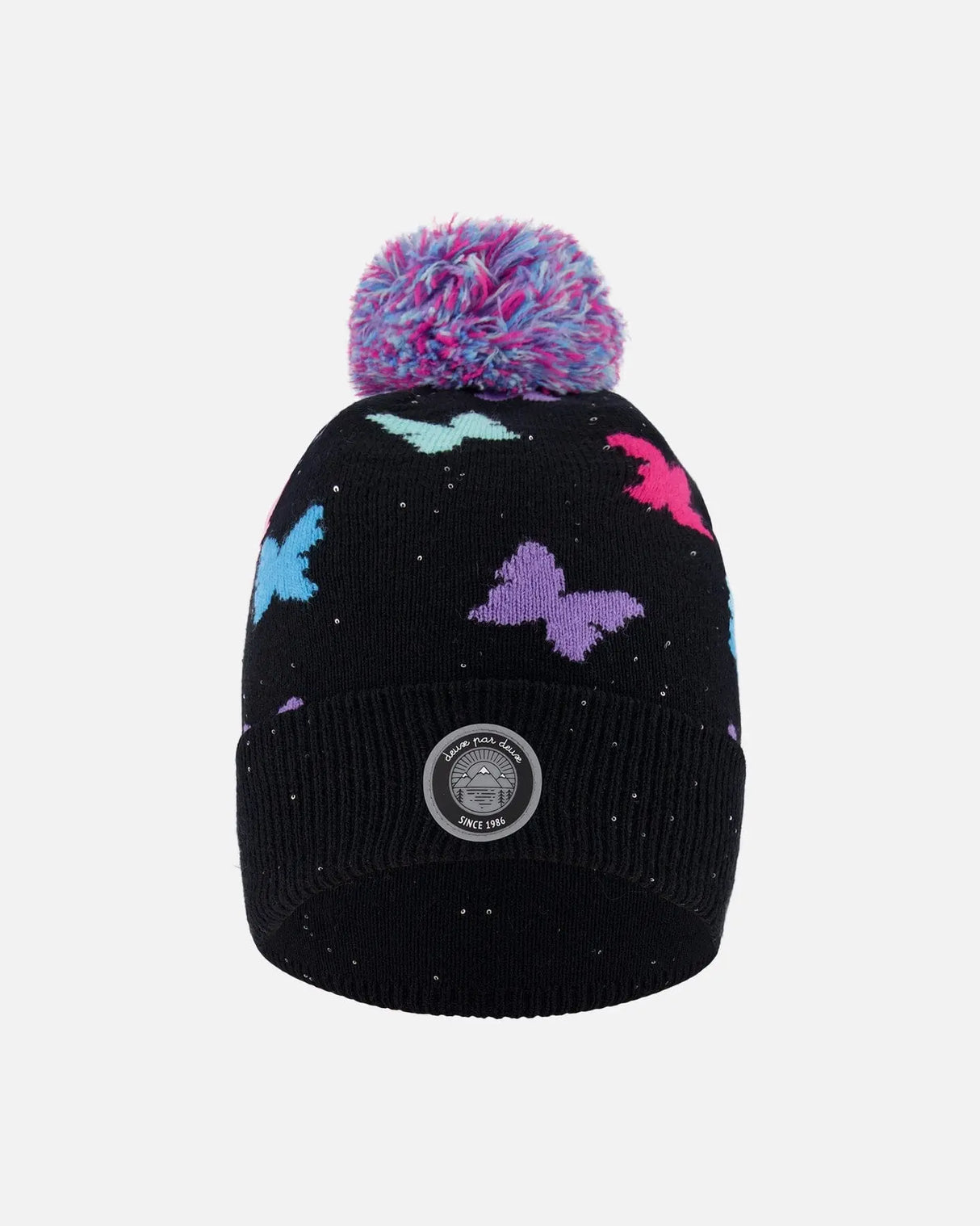 Lined Knit Pompom Hat Black Butterfly Print | Deux par Deux | Jenni Kidz