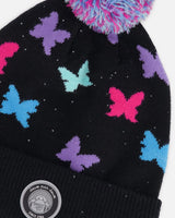 Lined Knit Pompom Hat Black Butterfly Print | Deux par Deux | Jenni Kidz