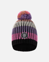 Lined Knit Pompom Hat Pink And Purple And Black | Deux par Deux | Jenni Kidz