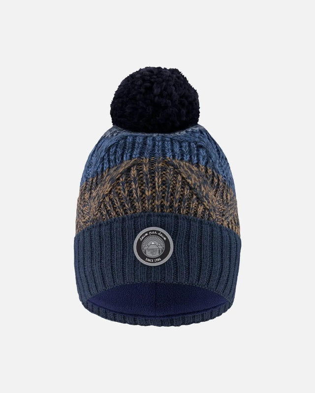 Lined Knit Pompom Hat Taupe And Navy | Deux par Deux | Jenni Kidz