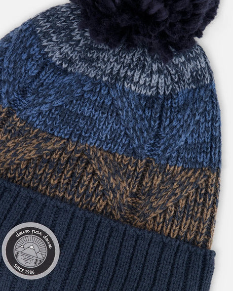 Lined Knit Pompom Hat Taupe And Navy | Deux par Deux | Jenni Kidz