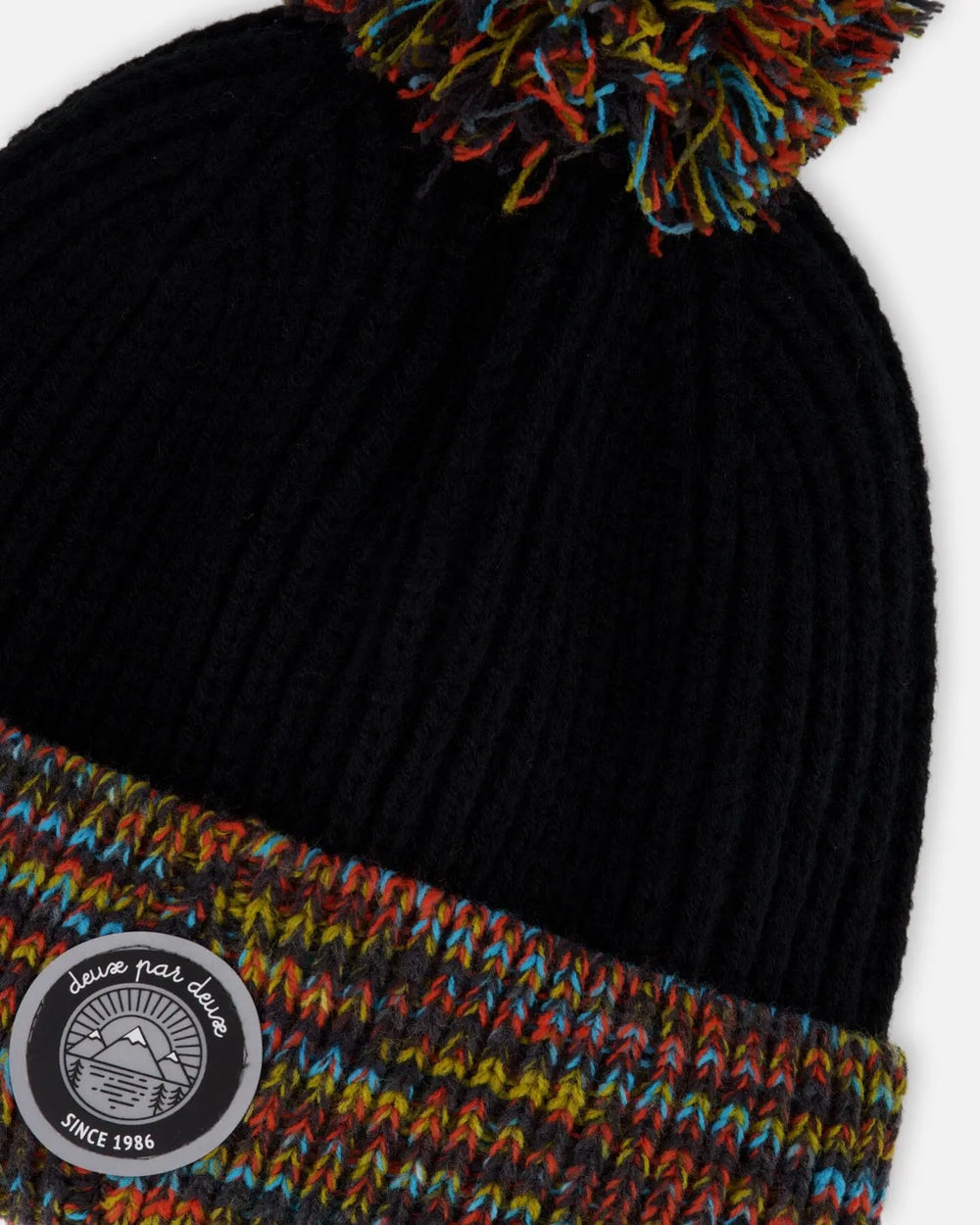 Lined Knit Winter Hat With Pompom Black And Multicolor | Deux par Deux | Jenni Kidz