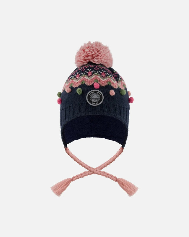 Lined Peruvian Knit Pompom Hat Navy Blue And Pink | Deux par Deux | Jenni Kidz