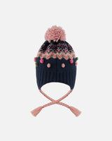 Lined Peruvian Knit Pompom Hat Navy Blue And Pink | Deux par Deux | Jenni Kidz