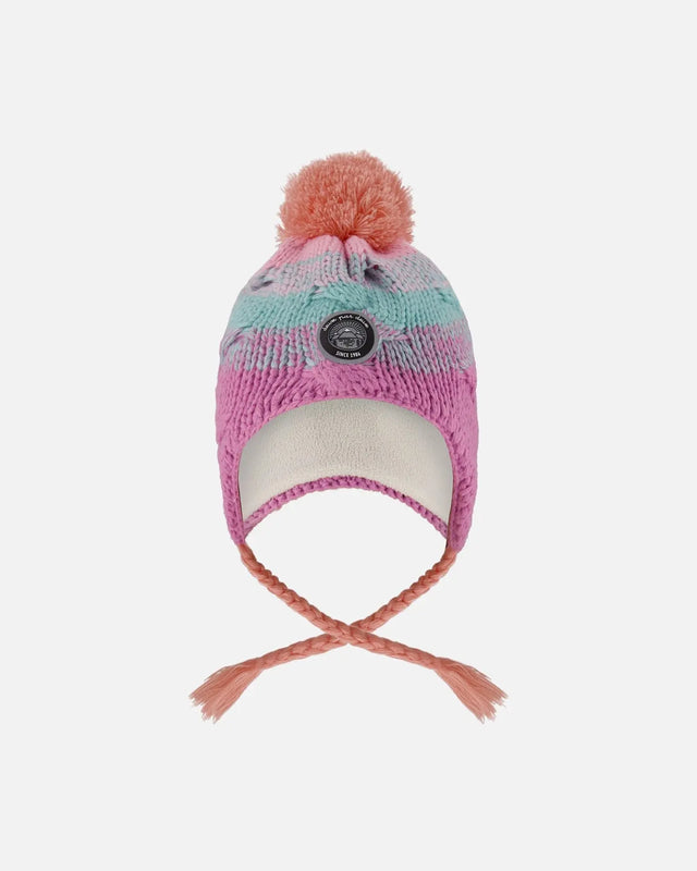 Lined Peruvian Knit Pompom Hat Pink, Orange And Turquoise | Deux par Deux | Jenni Kidz