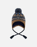 Lined Peruvian Knit Pompom Hat Taupe And Navy | Deux par Deux | Jenni Kidz