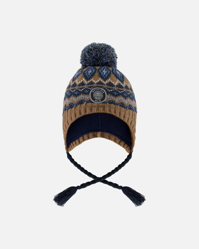 Lined Peruvian Knit Pompom Hat Taupe And Navy | Deux par Deux | Jenni Kidz