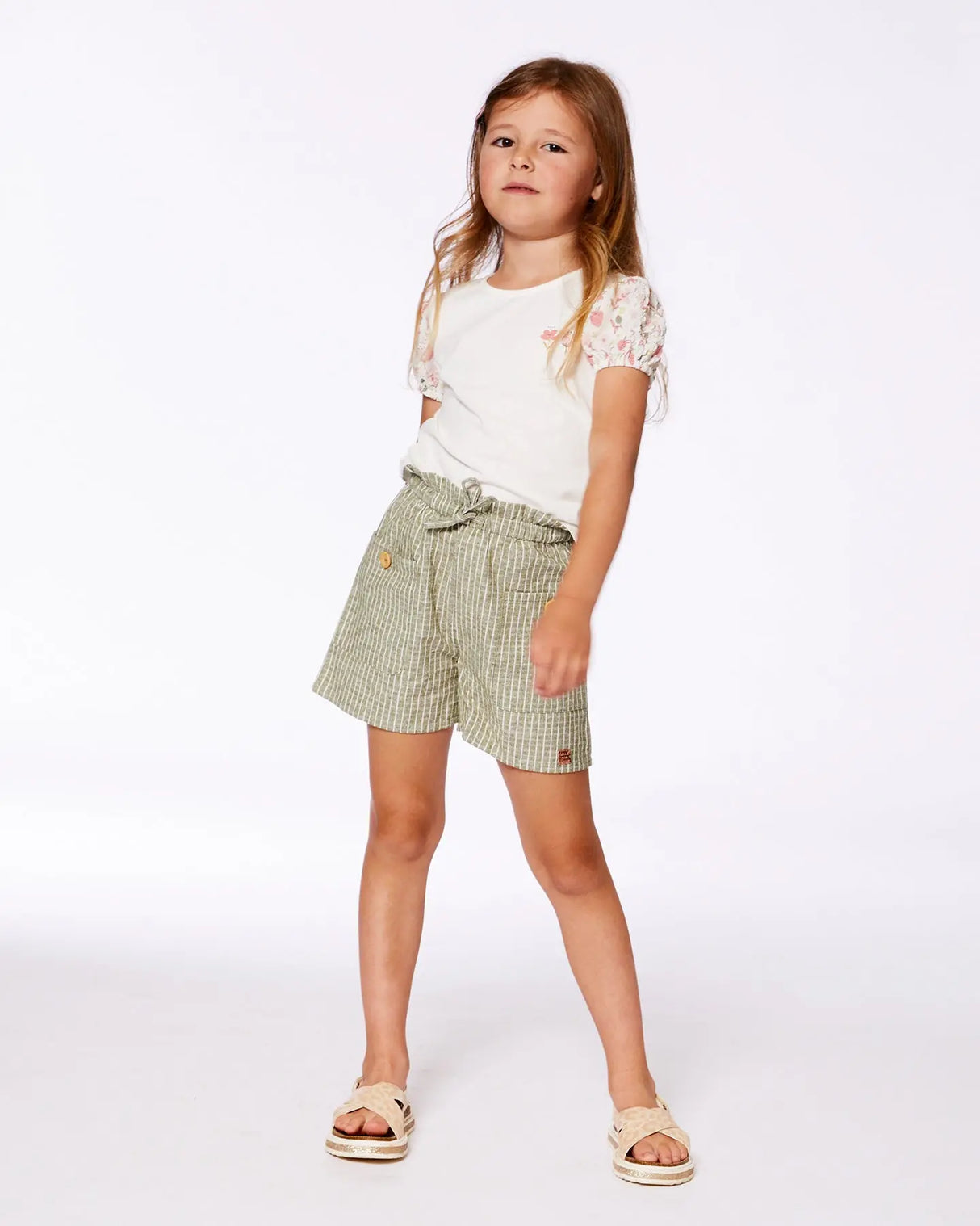 Linen Short With Pockets Medium Green And Cream Striped | Deux par Deux | Jenni Kidz