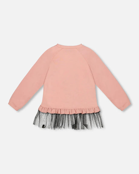 Long Bi-Material Top Dusty Pink With Mesh Ruffle Hem And Leopard Print | Deux par Deux | Jenni Kidz