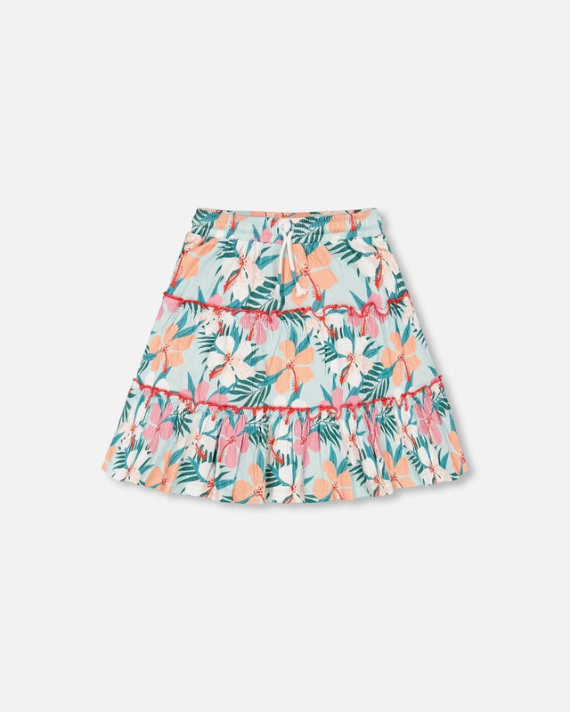 Long Crinkle Peasant Skirt Blue Printed Beach Hibiscus | Deux par Deux | Jenni Kidz