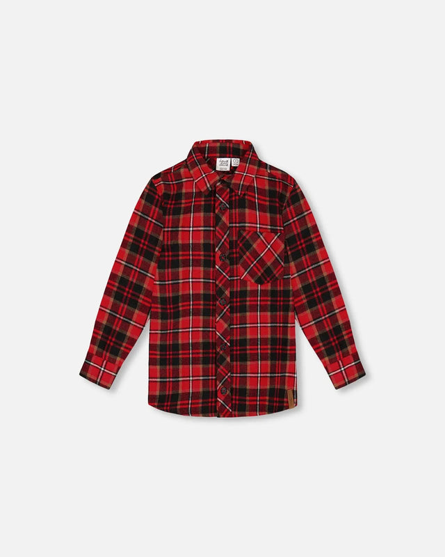 Long Sleeve Button Down Flannel Shirt Plaid Black And Red | Deux par Deux | Jenni Kidz