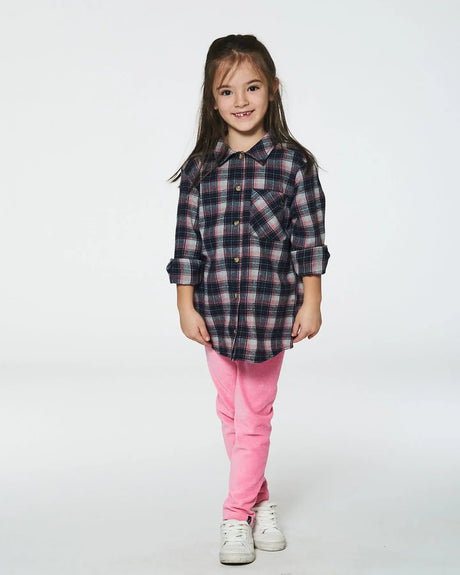 Long Sleeve Button Front Tunic Flannel Shirt Plaid Navy And Pink | Deux par Deux | Jenni Kidz