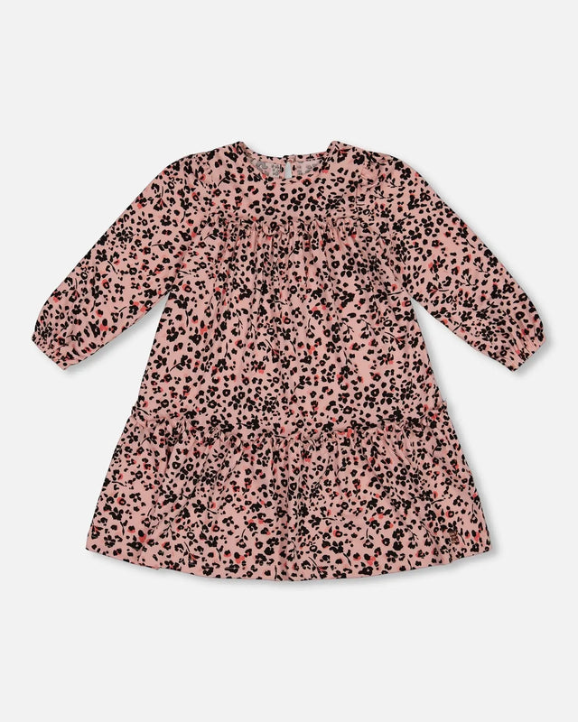 Long Sleeve Dress With Frills Pink Printed Leopard Flowers | Deux par Deux | Jenni Kidz
