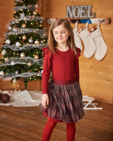 Long Sleeve Dress With Glittering Tulle Skirt Red Plaid | Deux par Deux | Jenni Kidz